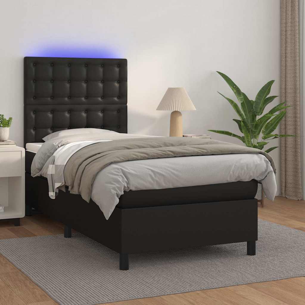 fekete műbőr rugós ágy matraccal és LED-del 80 x 200 cm