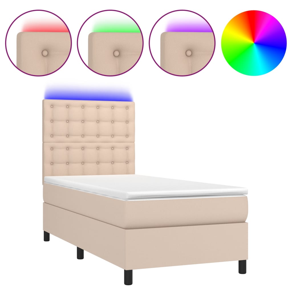 cappuccino színű műbőr rugós ágy matraccal és LED-del 80x200 cm
