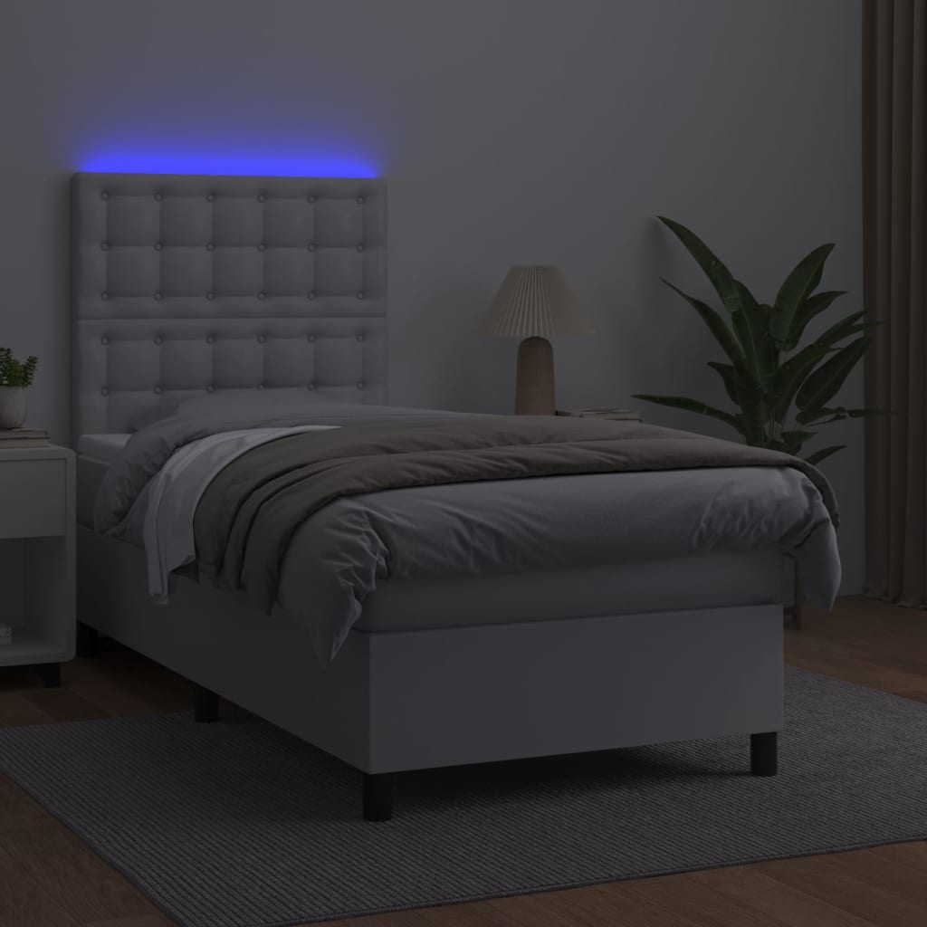 fehér műbőr rugós ágy matraccal és LED-del 90x190 cm