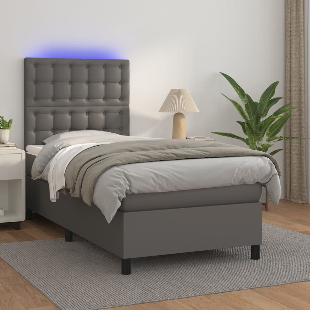 szürke műbőr rugós ágy matraccal és LED-del 90x190 cm