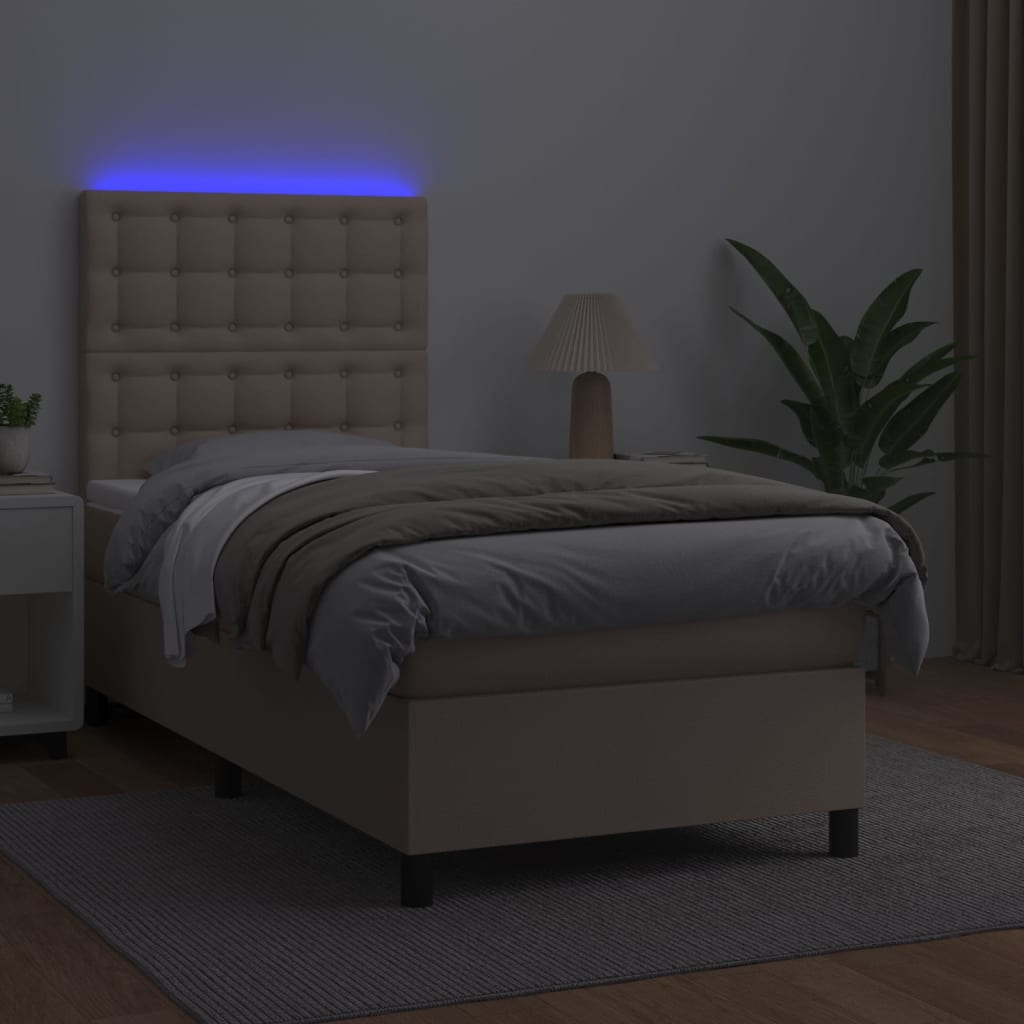 cappuccino színű műbőr rugós ágy matraccal és LED-del 90x190 cm