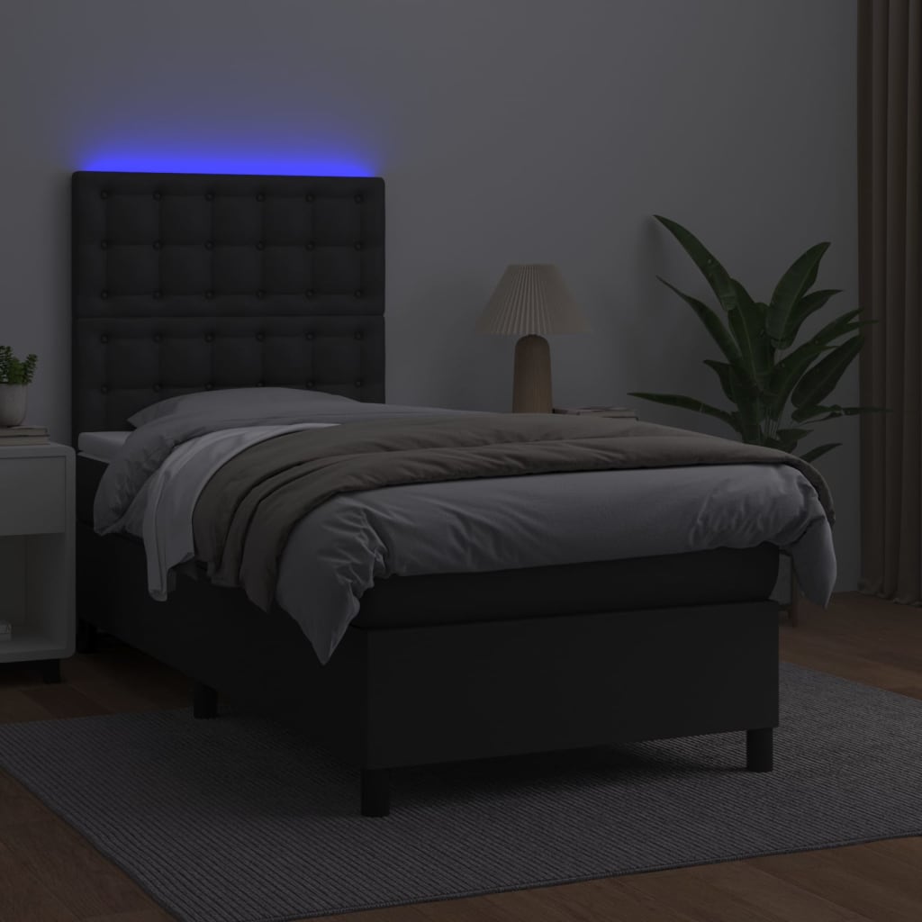 fekete műbőr rugós ágy matraccal és LED-del 90x200 cm