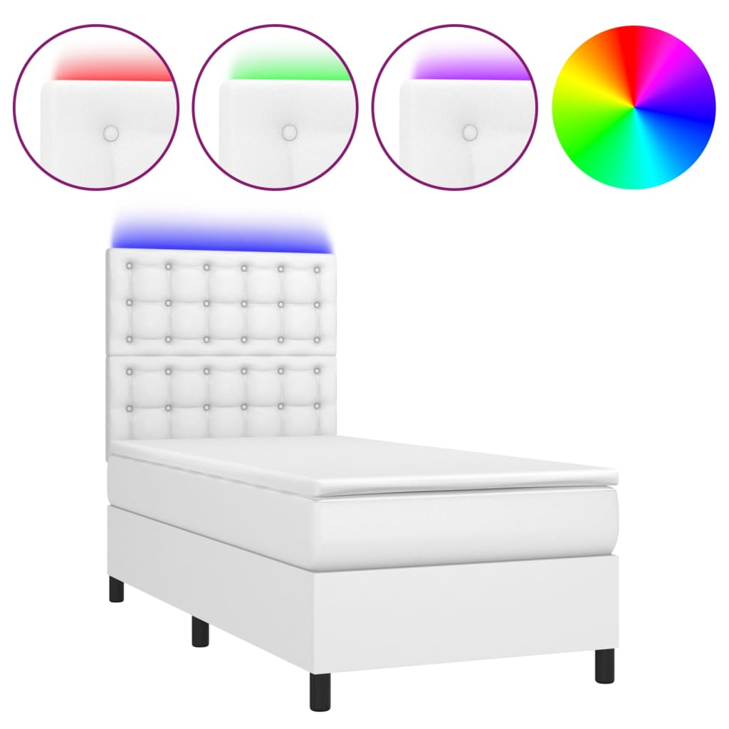 fehér műbőr rugós ágy matraccal és LED-del 90x200 cm