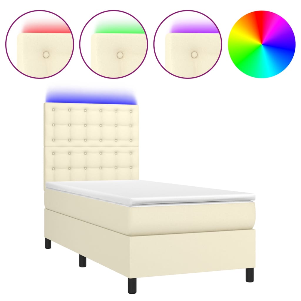 krémszínű műbőr rugós ágy matraccal és LED-del 90x200 cm