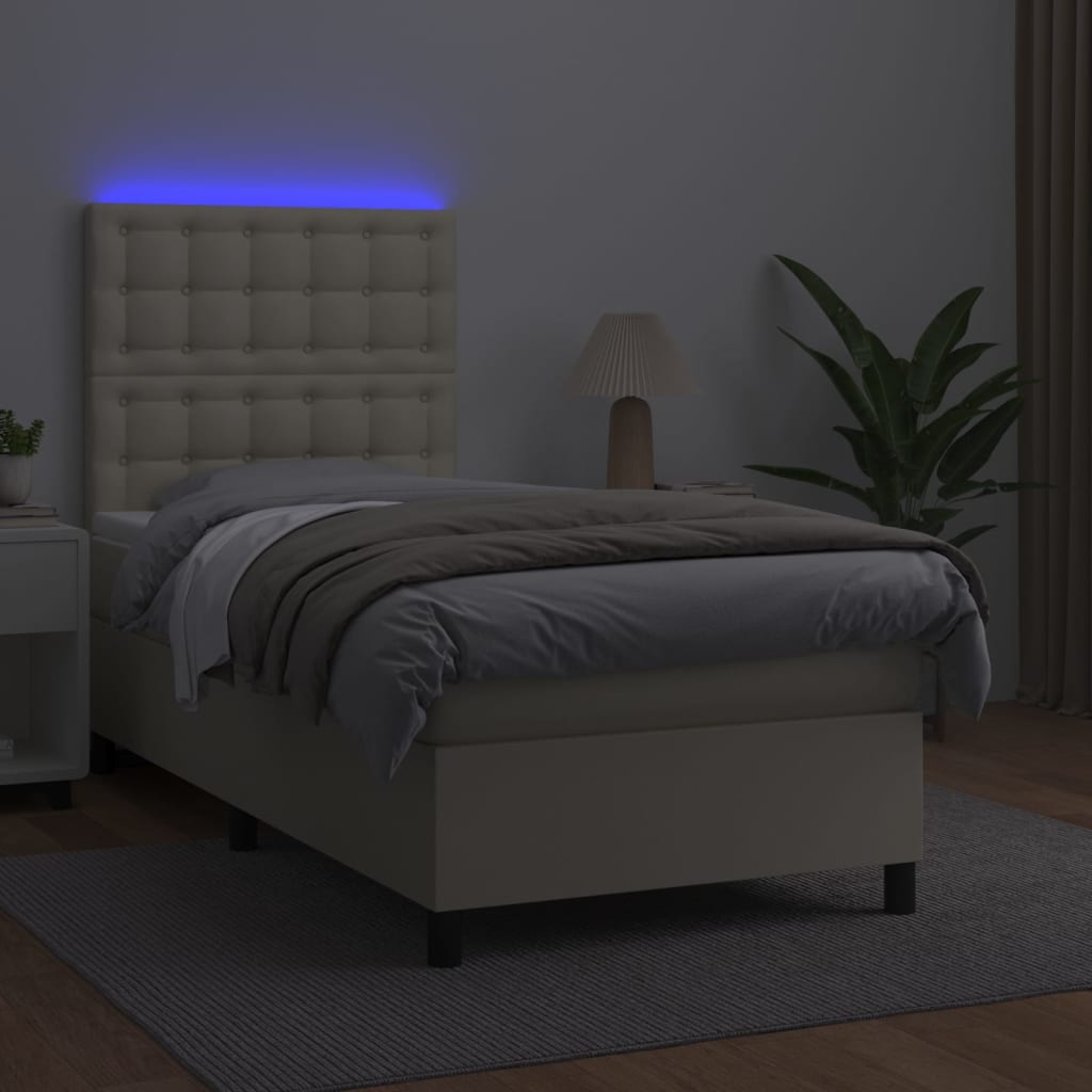 krémszínű műbőr rugós ágy matraccal és LED-del 90x200 cm