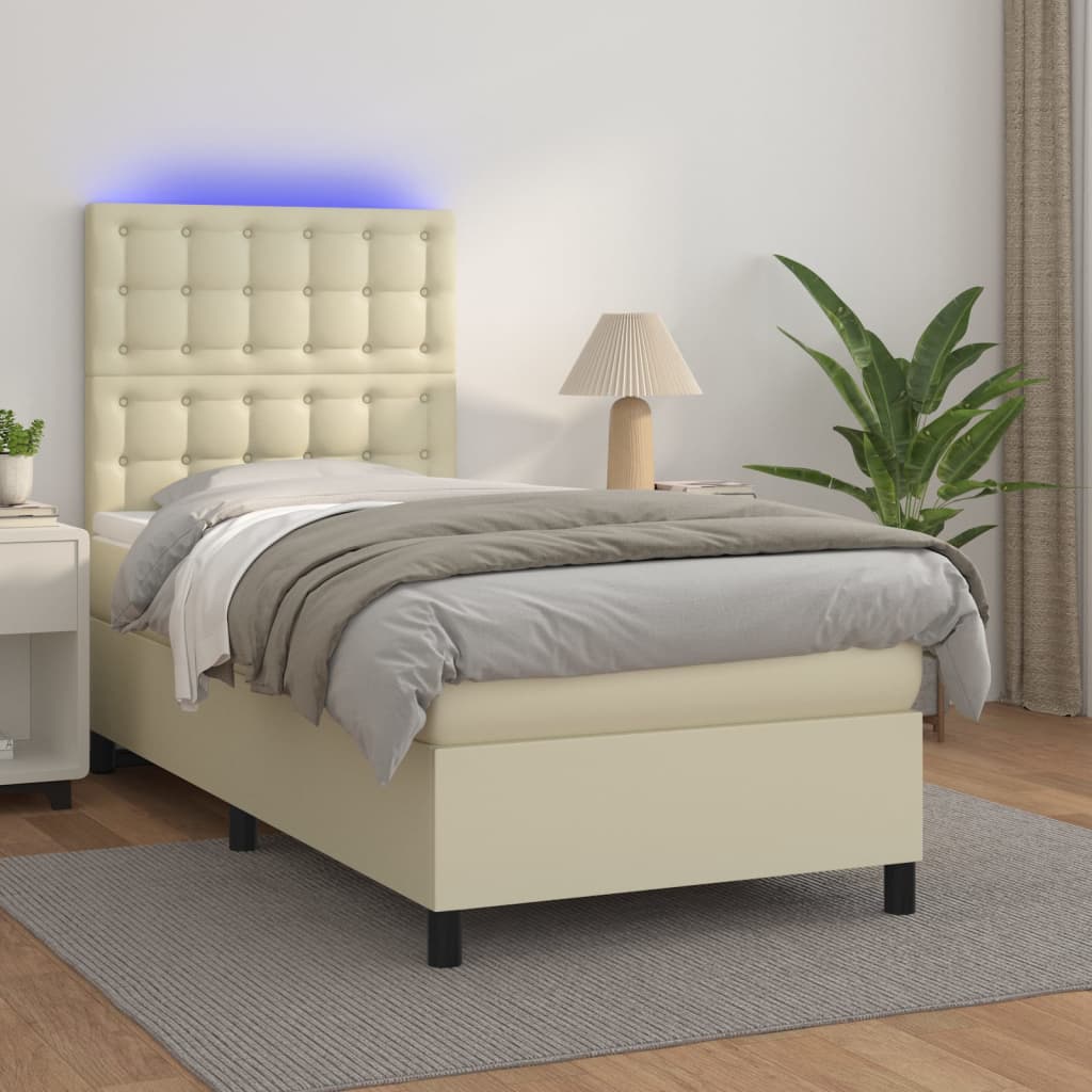krémszínű műbőr rugós ágy matraccal és LED-del 90x200 cm