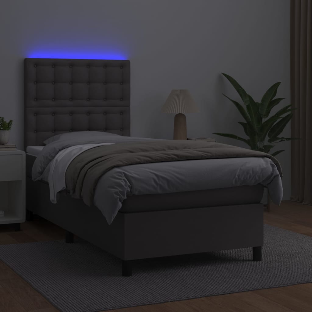 szürke műbőr rugós ágy matraccal és LED-del 90x200 cm