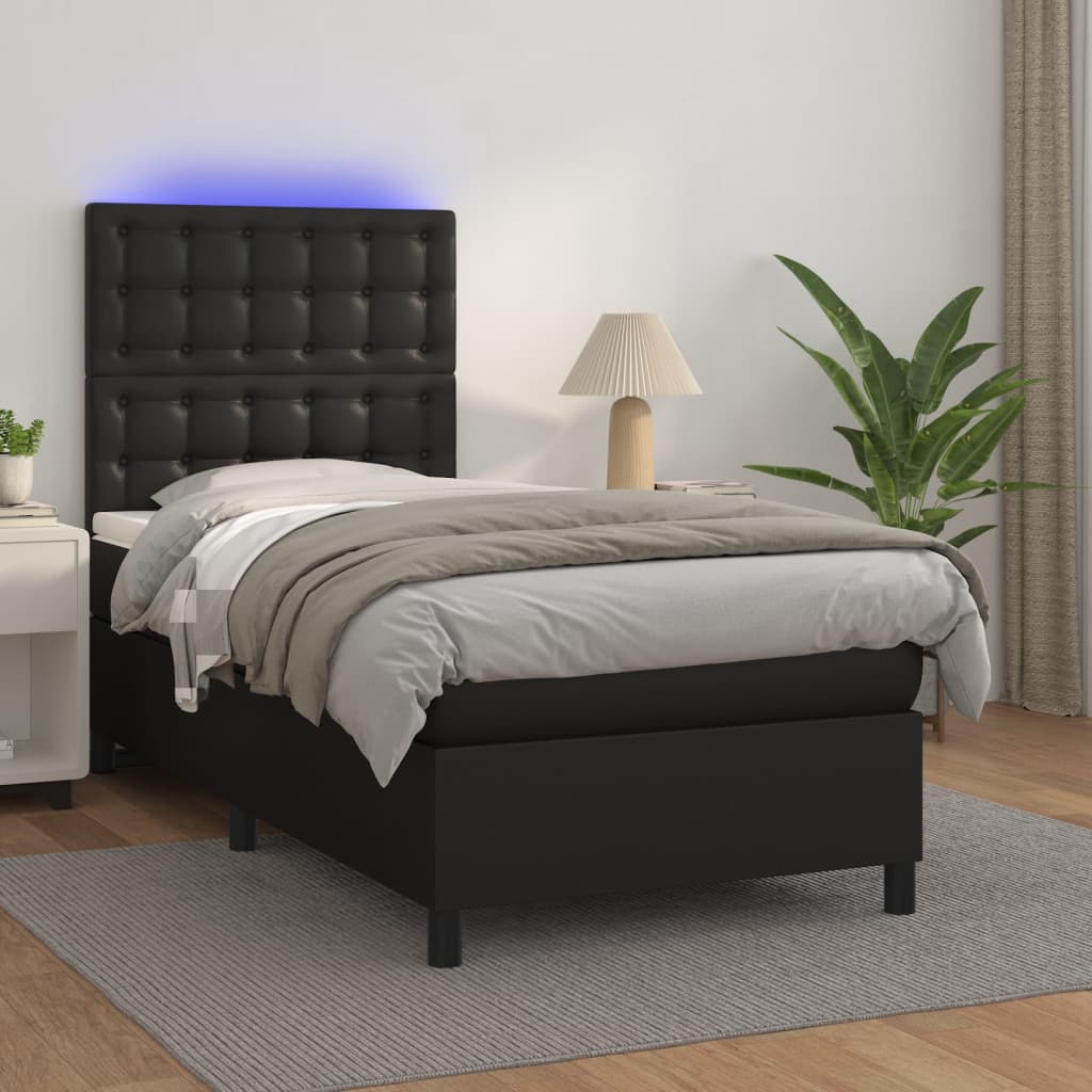 fekete műbőr rugós ágy matraccal és LED-del 100x200 cm