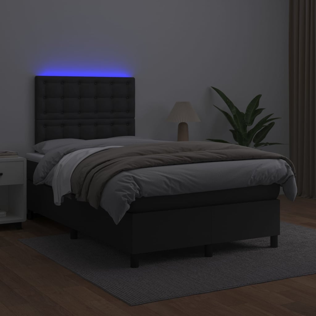 fekete műbőr rugós ágy matraccal és LED-del 120x200 cm