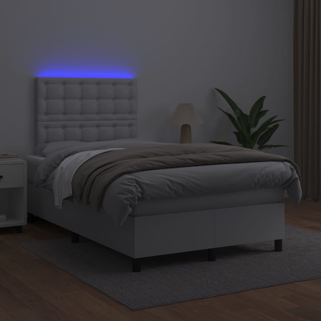 fehér műbőr rugós ágy matraccal és LED-del 120x200 cm