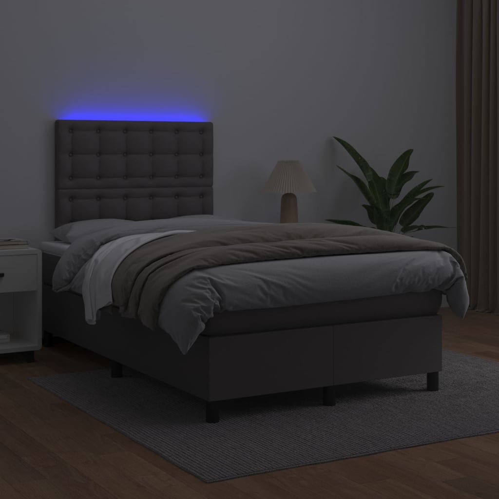 szürke műbőr rugós ágy matraccal és LED-del 120x200 cm