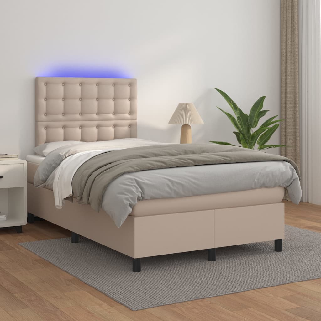 cappuccino színű műbőr rugós ágy matraccal és LED-del 120x200cm