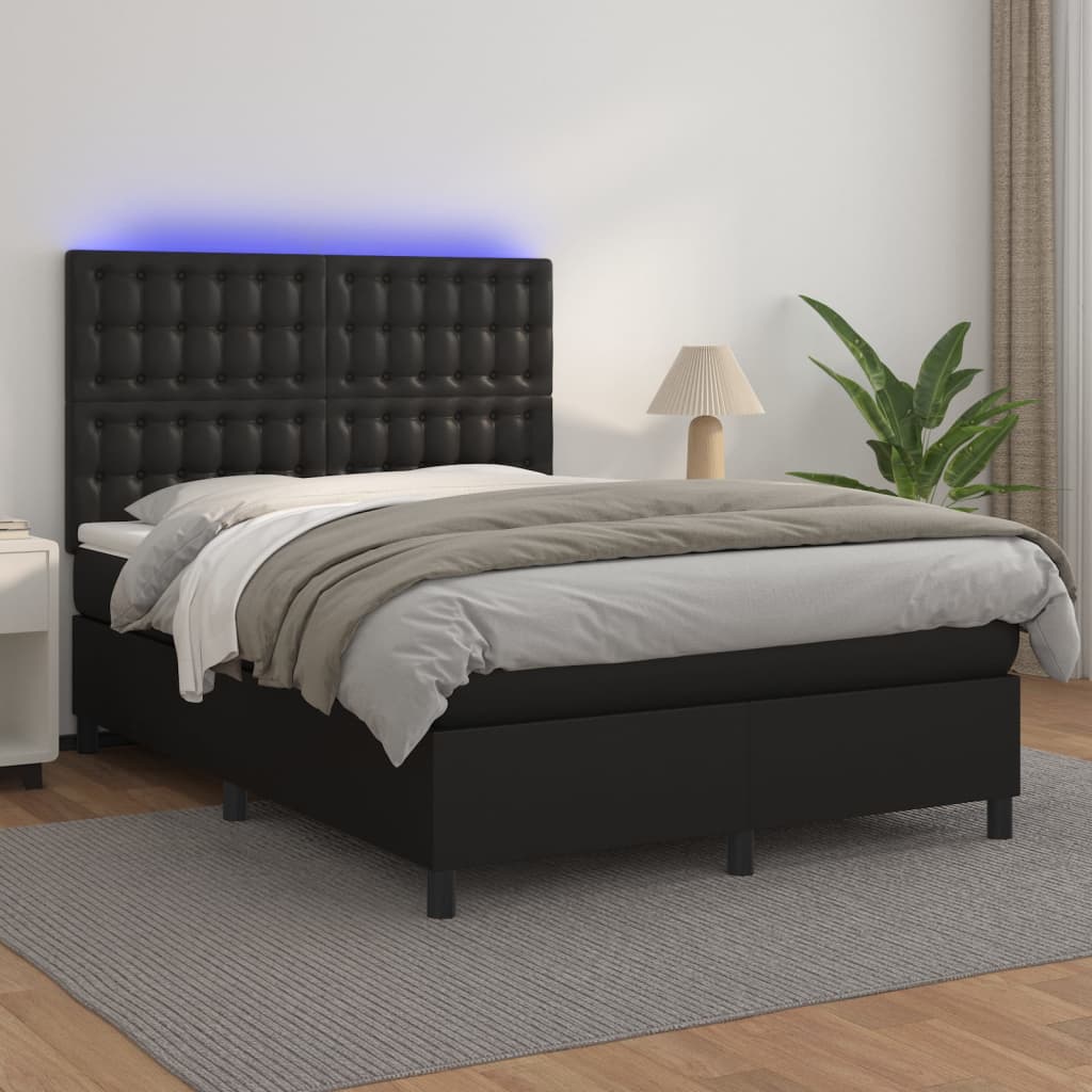 fekete műbőr rugós ágy matraccal és LED-del 140 x 190 cm