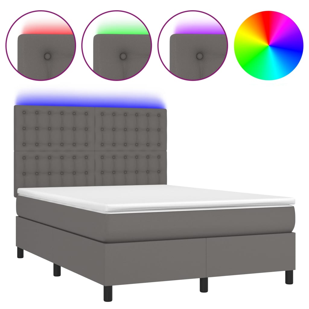 szürke műbőr rugós ágy matraccal és LED-del 140x190 cm