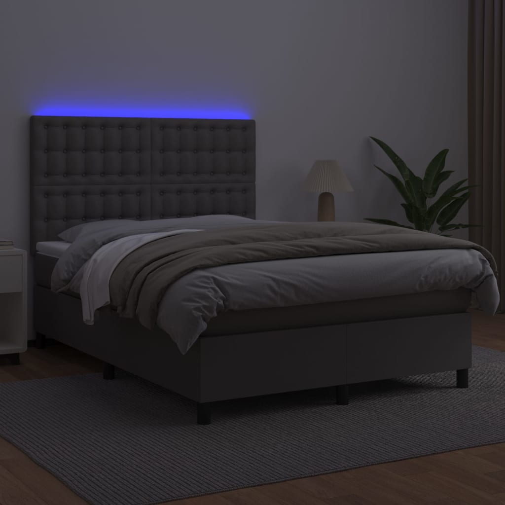 szürke műbőr rugós ágy matraccal és LED-del 140x190 cm