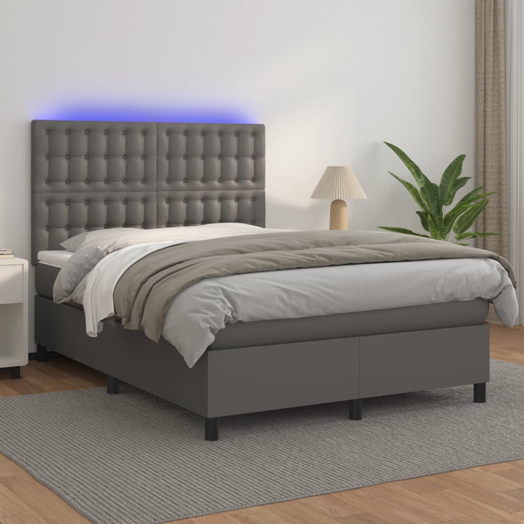 szürke műbőr rugós ágy matraccal és LED-del 140x190 cm