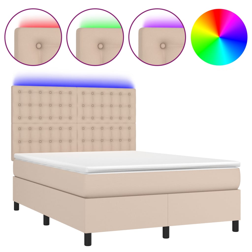 cappuccino színű műbőr rugós ágy matraccal és LED-del 140x190cm