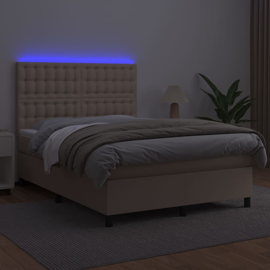 cappuccino színű műbőr rugós ágy matraccal és LED-del 140x190cm