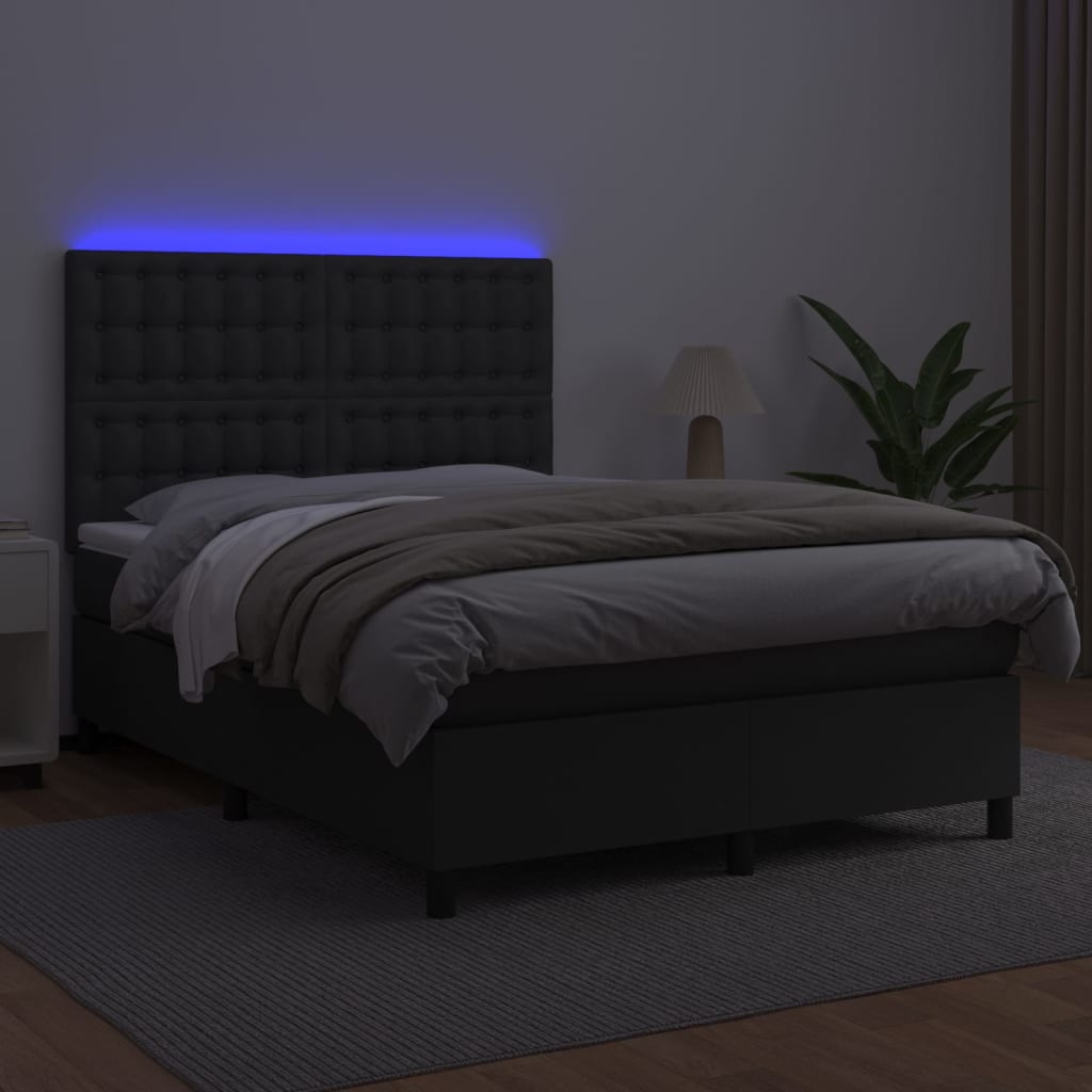 fekete műbőr rugós ágy matraccal és LED-del 140x200 cm