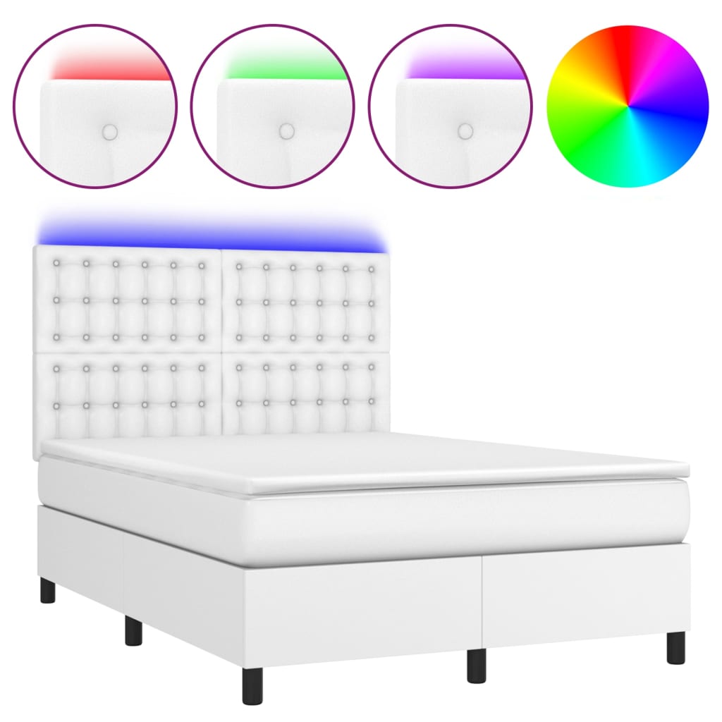 fehér műbőr rugós ágy matraccal és LED-del 140x200 cm