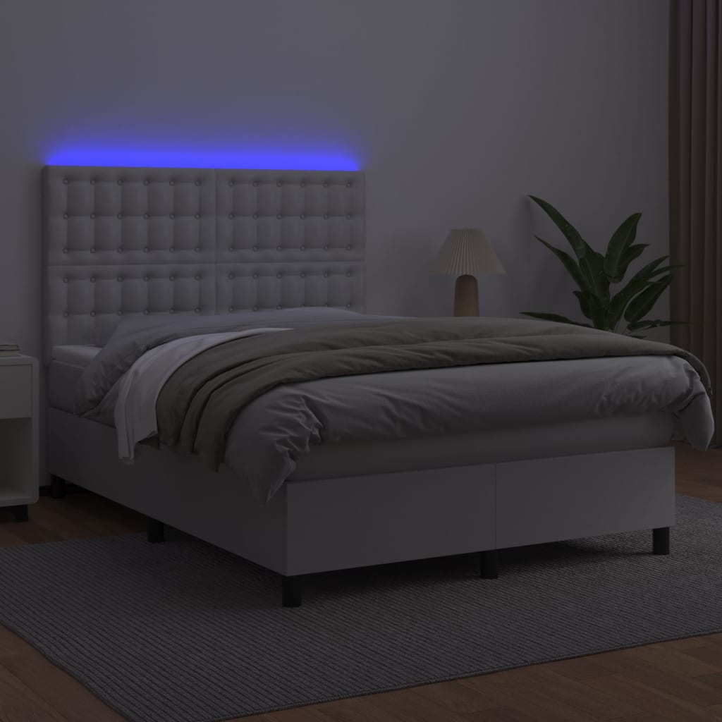 fehér műbőr rugós ágy matraccal és LED-del 140x200 cm