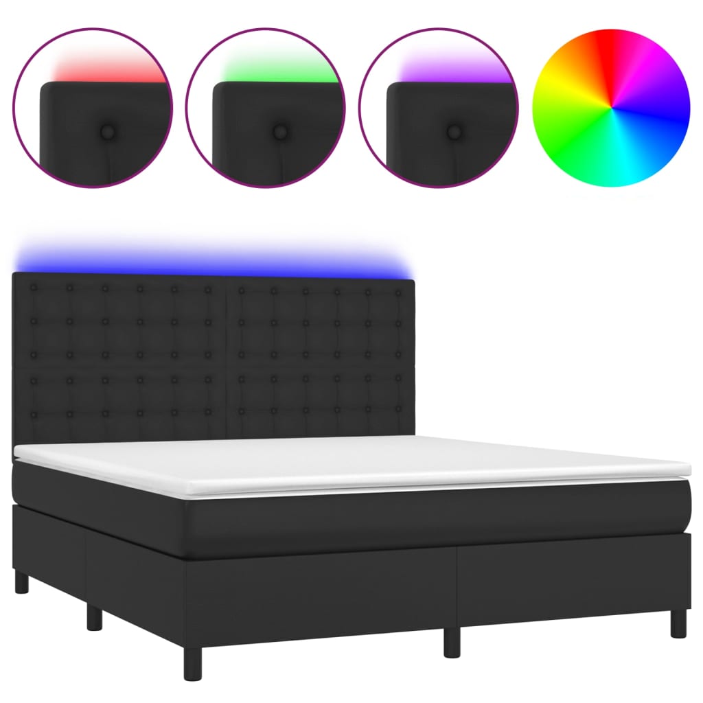 fekete műbőr rugós ágy matraccal és LED-del 160x200 cm