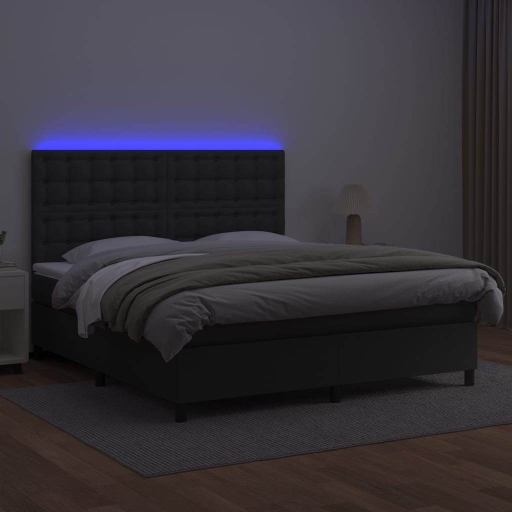fekete műbőr rugós ágy matraccal és LED-del 160x200 cm