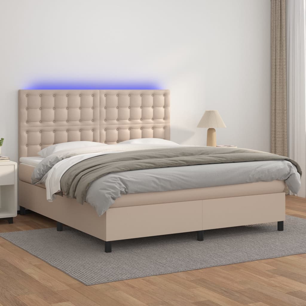 cappuccino színű műbőr rugós ágy matraccal és LED-del 160x200cm