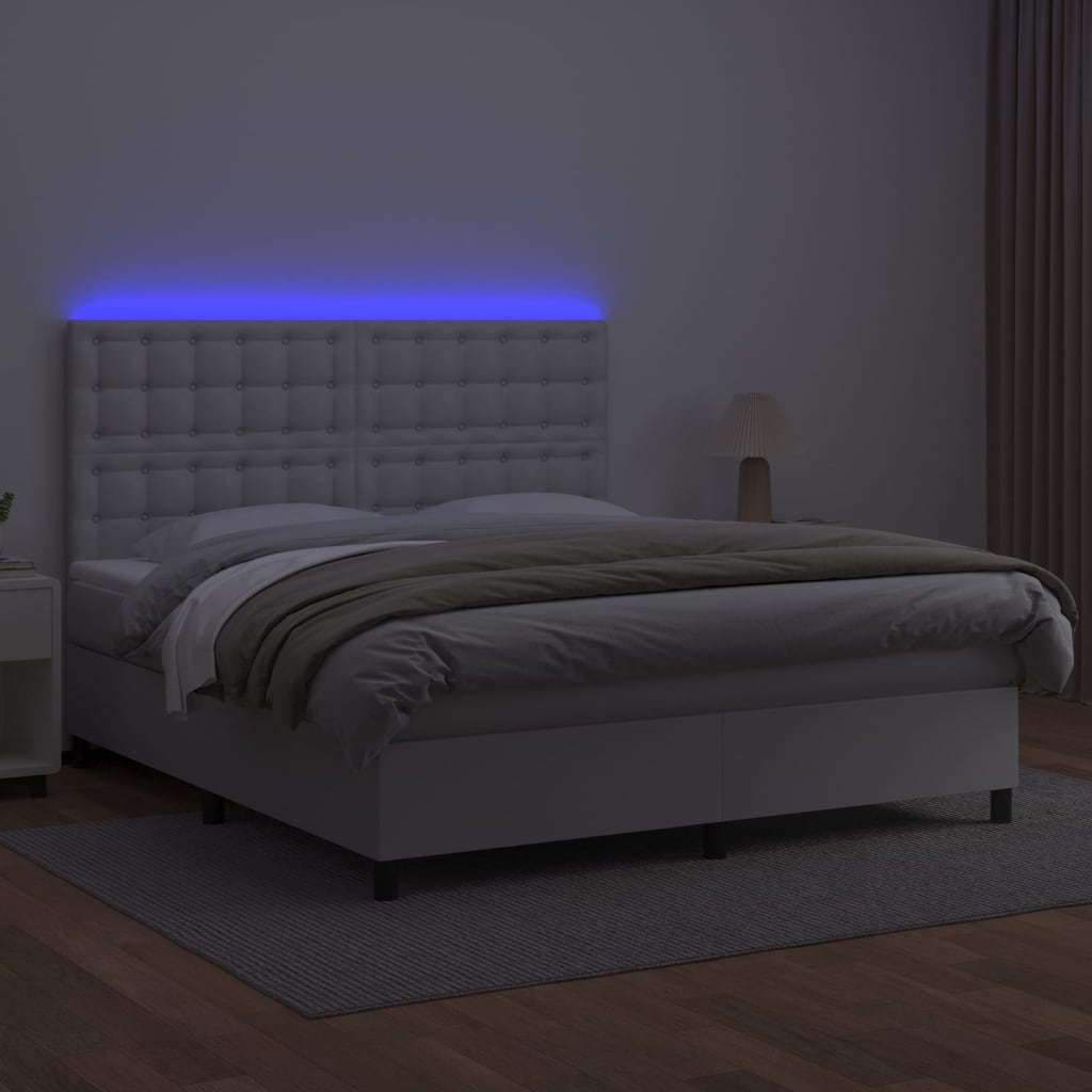 fehér műbőr rugós ágy matraccal és LED-del 180x200 cm