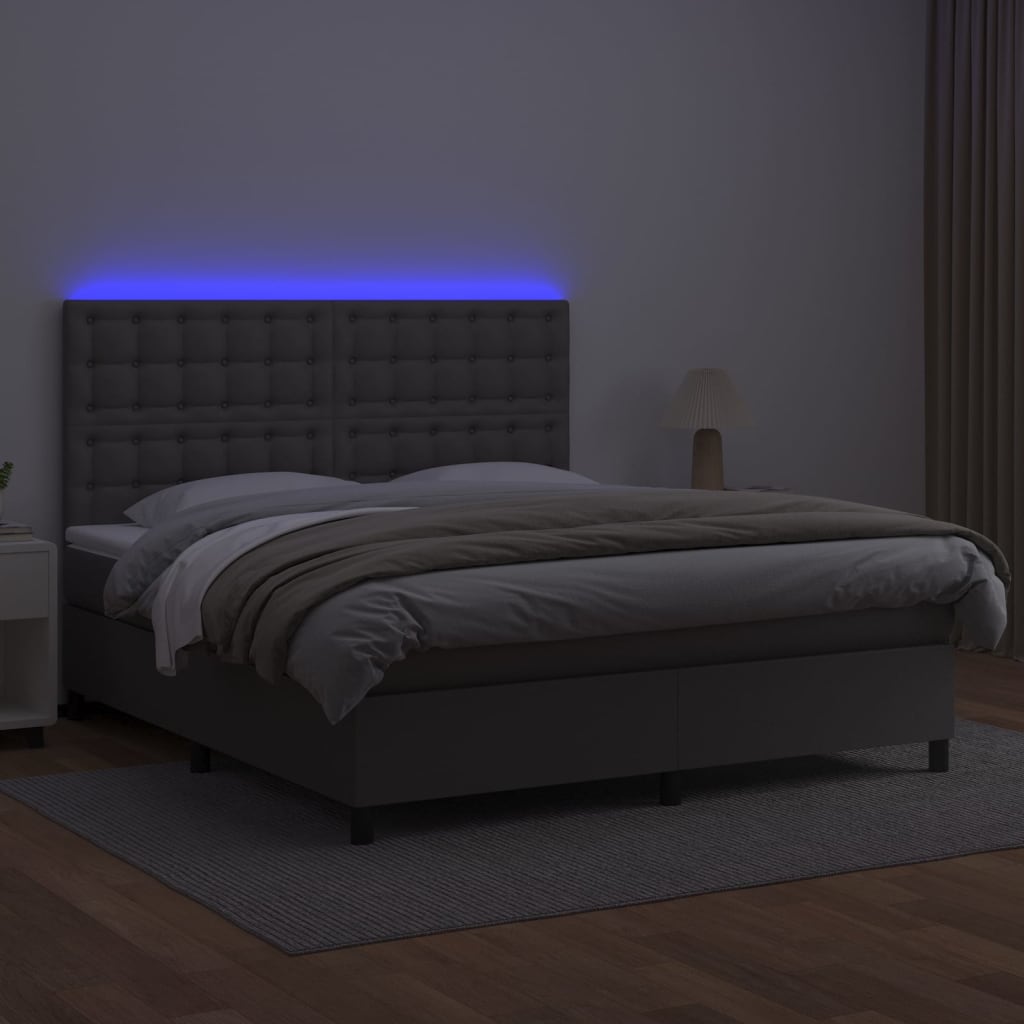 szürke műbőr rugós ágy matraccal és LED-del 180x200 cm