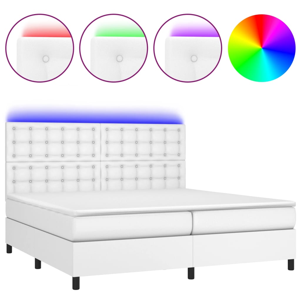 fehér műbőr rugós ágy matraccal és LED-del 200x200 cm
