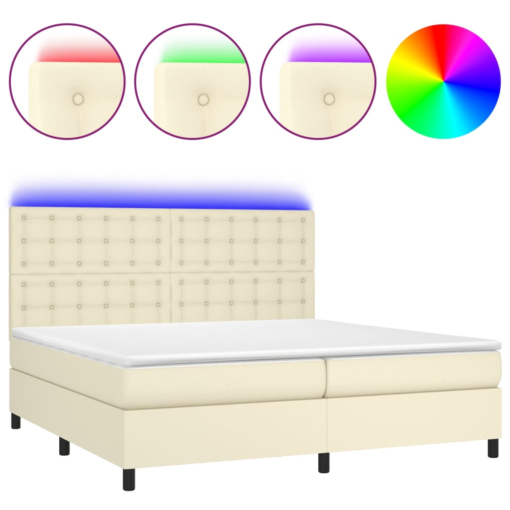 krémszínű műbőr rugós ágy matraccal és LED-del 200x200 cm