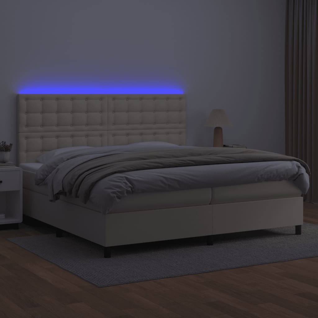 krémszínű műbőr rugós ágy matraccal és LED-del 200x200 cm