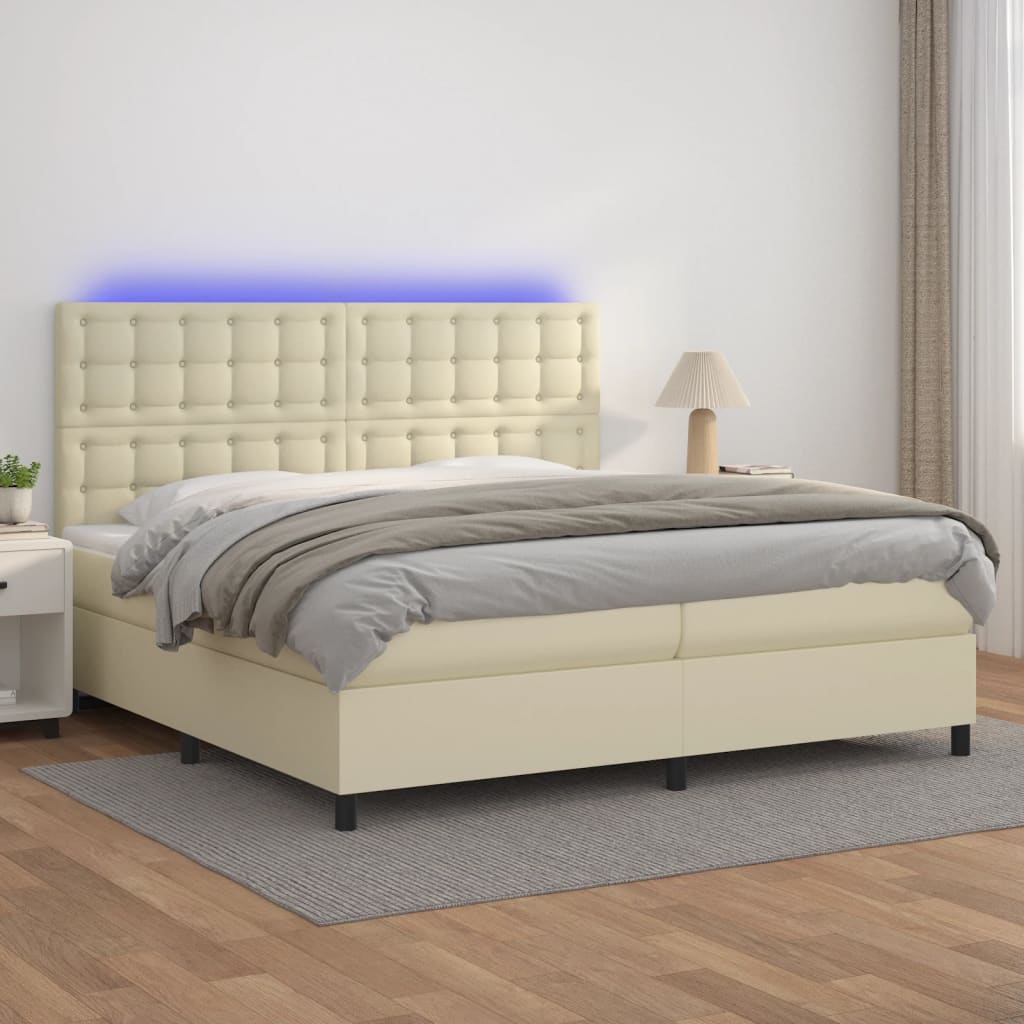 krémszínű műbőr rugós ágy matraccal és LED-del 200x200 cm