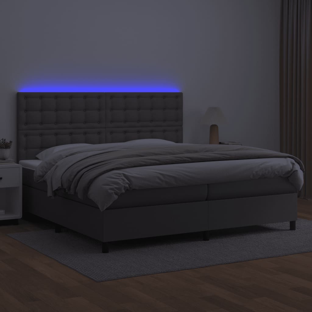 szürke műbőr rugós ágy matraccal és LED-del 200x200 cm