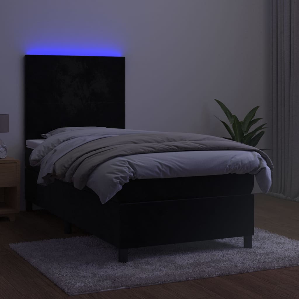 fekete bársony rugós és LED-es ágy matraccal 80 x 200 cm