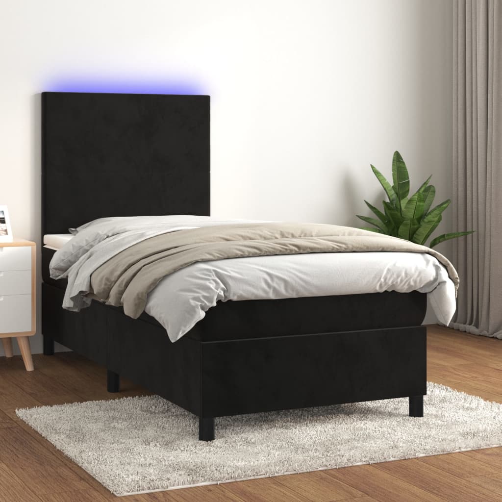 fekete bársony rugós és LED-es ágy matraccal 80 x 200 cm
