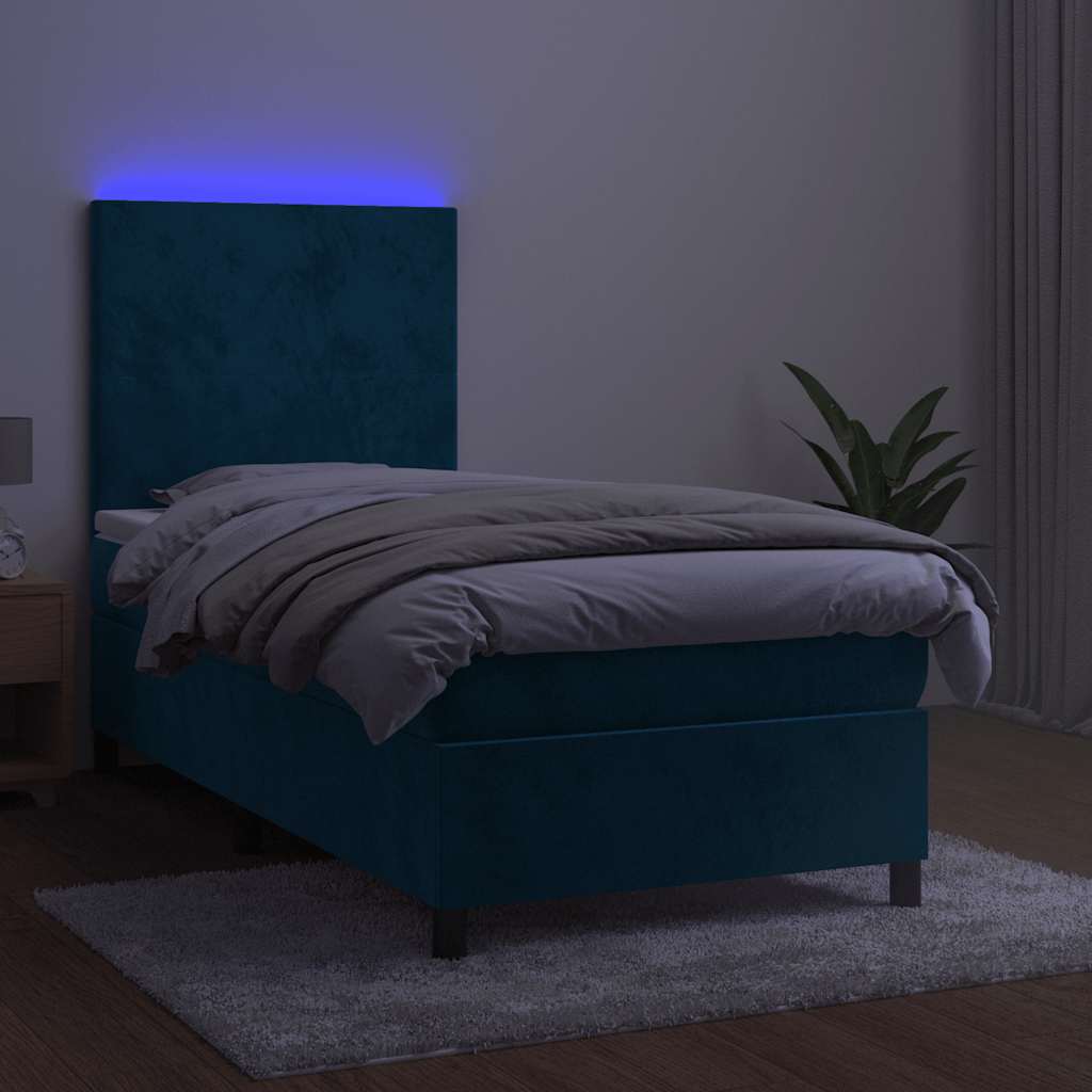 sötétkék bársony rugós és LED-es ágy matraccal 80 x 200 cm