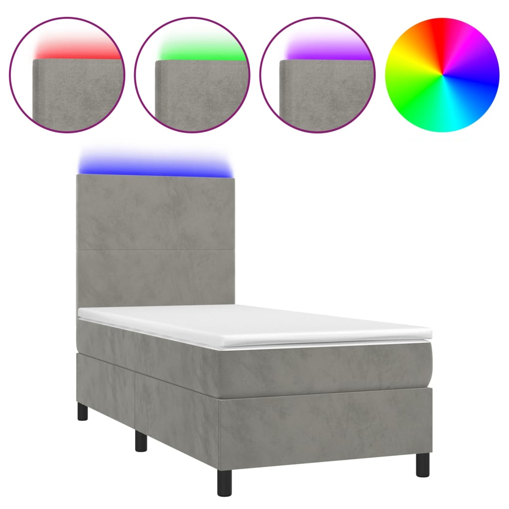 világosszürke bársony rugós és LED-es ágy matraccal 90x190 cm
