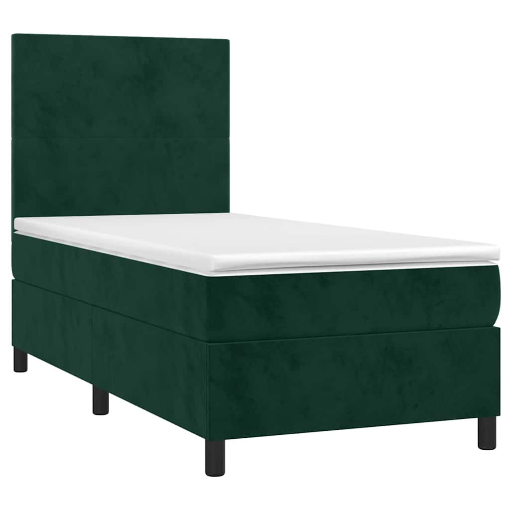 sötétzöld bársony rugós és LED-es ágy matraccal 90x190 cm