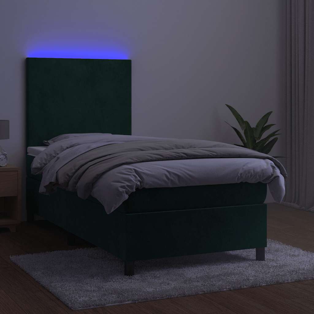 sötétzöld bársony rugós és LED-es ágy matraccal 90x190 cm