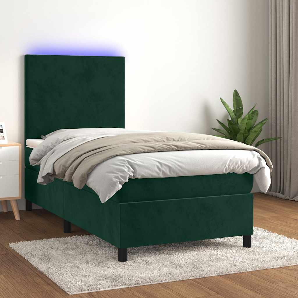sötétzöld bársony rugós és LED-es ágy matraccal 90x190 cm