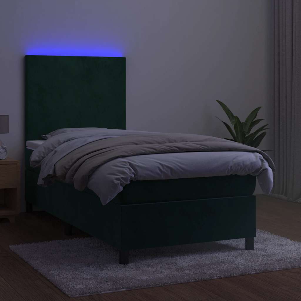sötétzöld bársony rugós és LED-es ágy matraccal 90x200 cm