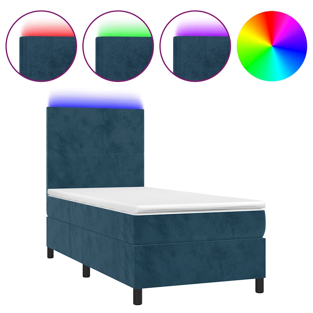 sötétkék bársony rugós és LED-es ágy matraccal 90x200 cm