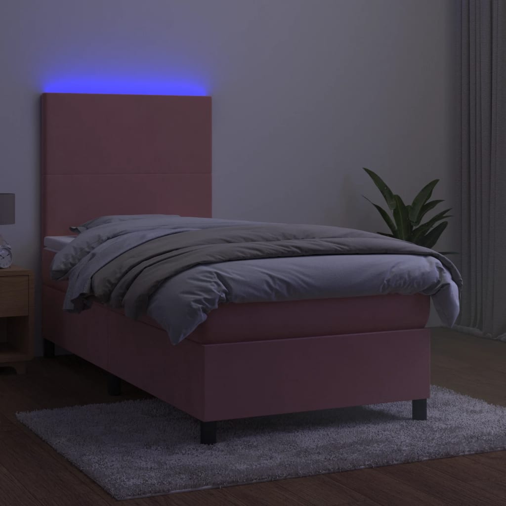 rózsaszín bársony rugós és LED-es ágy matraccal 90x200 cm