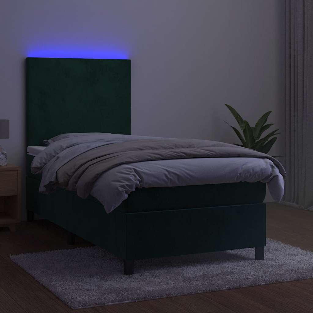 sötétzöld bársony rugós és LED-es ágy matraccal 100x200 cm