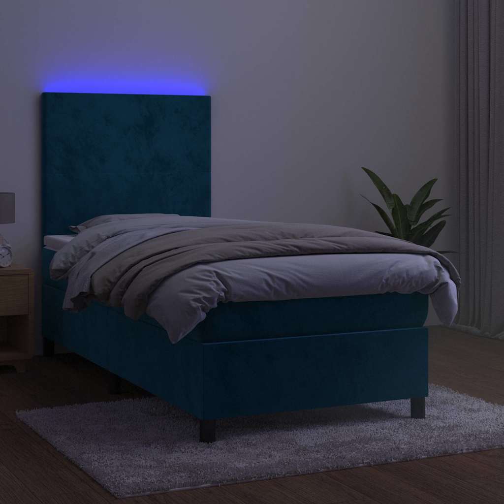 sötétkék bársony rugós és LED-es ágy matraccal 100x200 cm