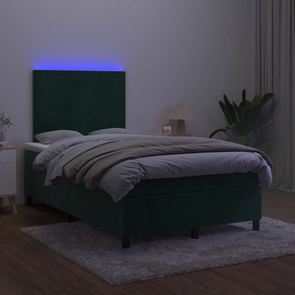 sötétzöld bársony rugós és LED-es ágy matraccal 120x200 cm