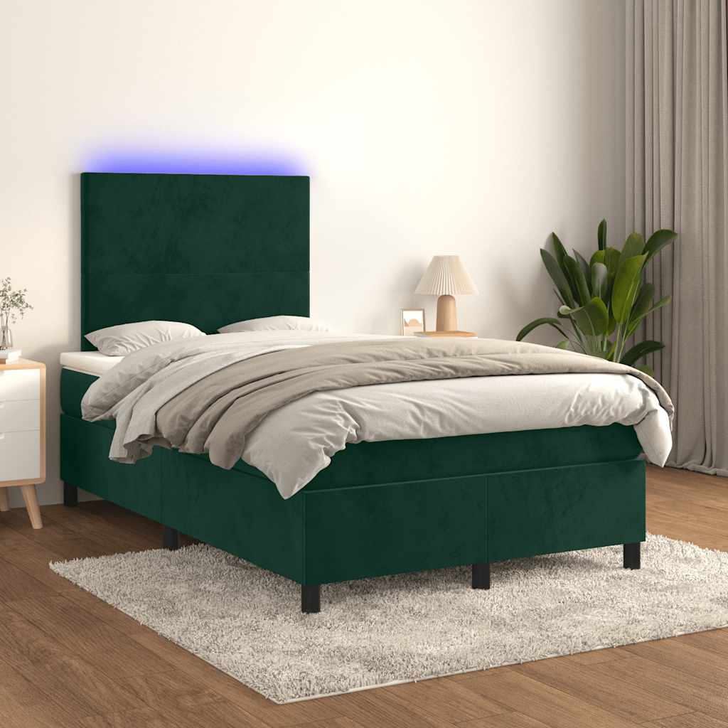 sötétzöld bársony rugós és LED-es ágy matraccal 120x200 cm