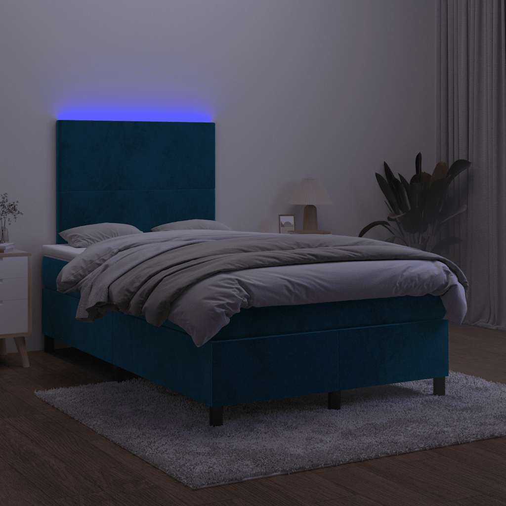 sötétkék bársony rugós és LED-es ágy matraccal 120x200 cm